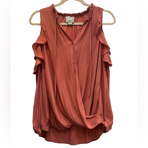 Anthropologie Maeve Long sleeve Cold shoulder wrap blouse in coral, size XS - Picture 2 of 12